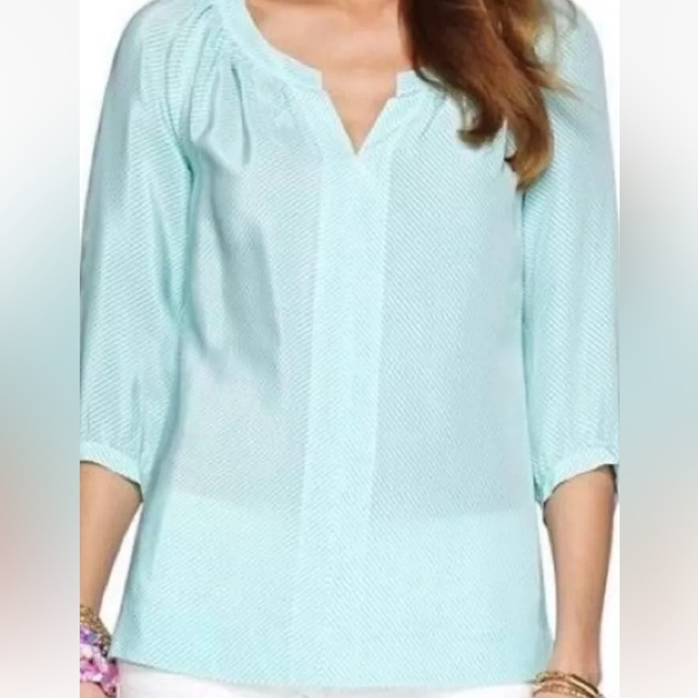 NWOT Lilly Pulitzer Moxy 3/4 Sleeve 100% Silk Blouse Turquoise White Stripe M